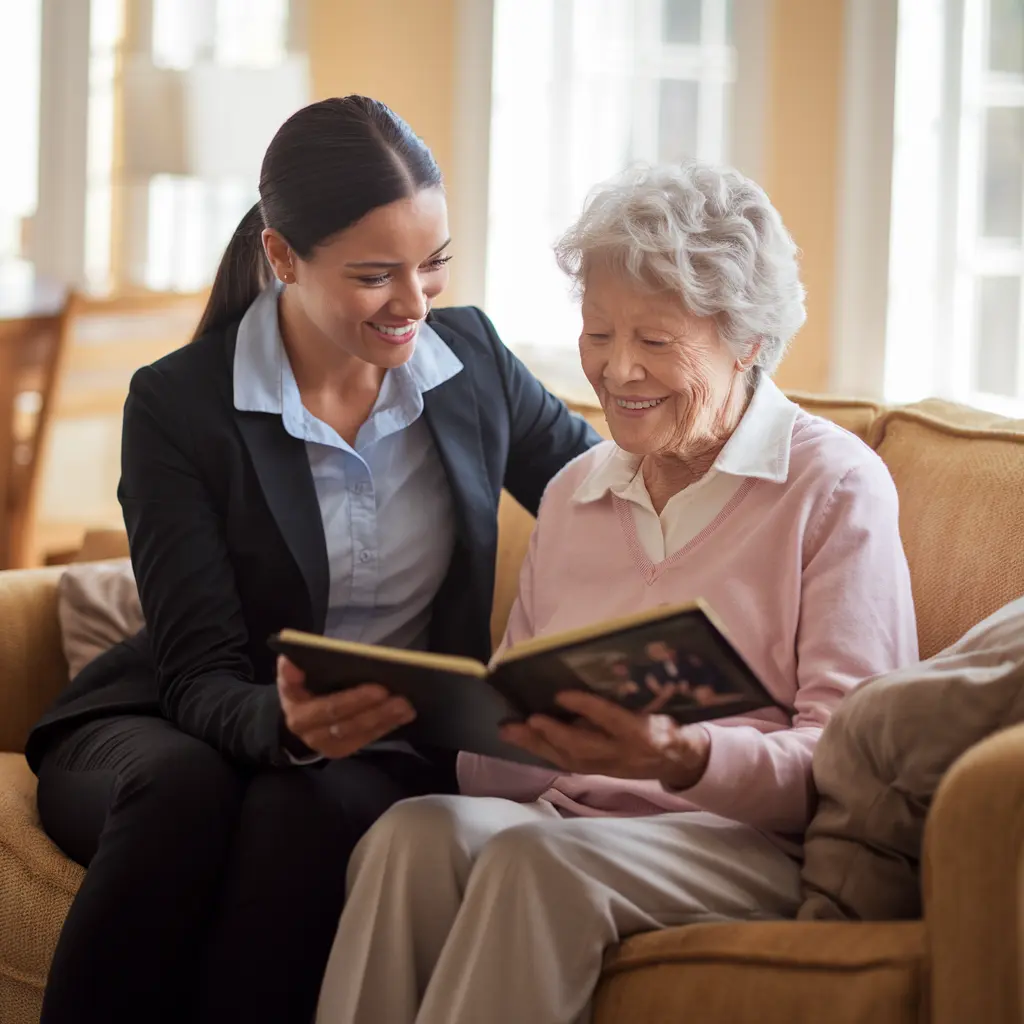 Caregiver and elderly client sharing memories while looking through a photo album in a comfortable home setting