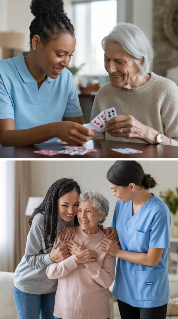 Three images showing companion care, personal care, and respite care services in action