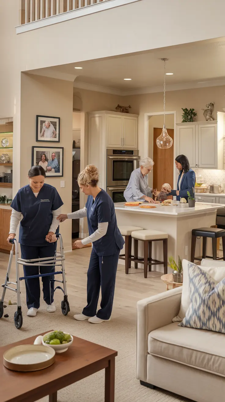 Multiple Zedvest caregivers providing various levels of professional home care services to seniors in a warm, comfortable home environment