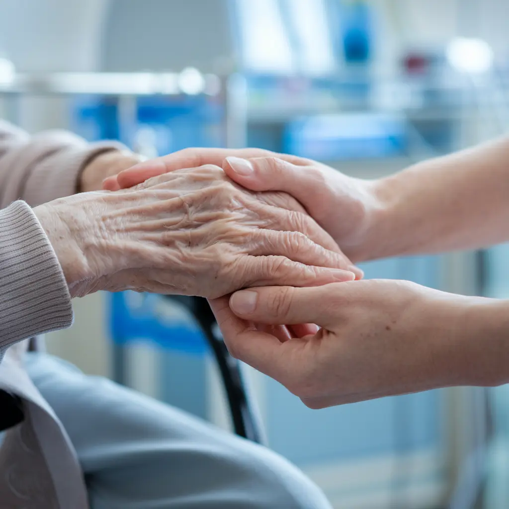 Caring hands of a Zedvest caregiver holding senior client's hands